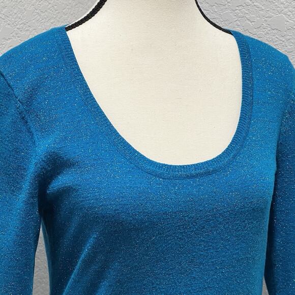 Vtg Cache Y2K Scoop Neck Women’s Med Blouse Blue Metallic Shimmer Holiday Top - Picture 2 of 8